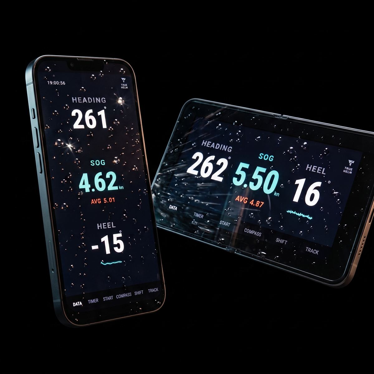 A phone and a tablet running the DATA screen, both wet with spray, showing heading, speed over ground and heel.