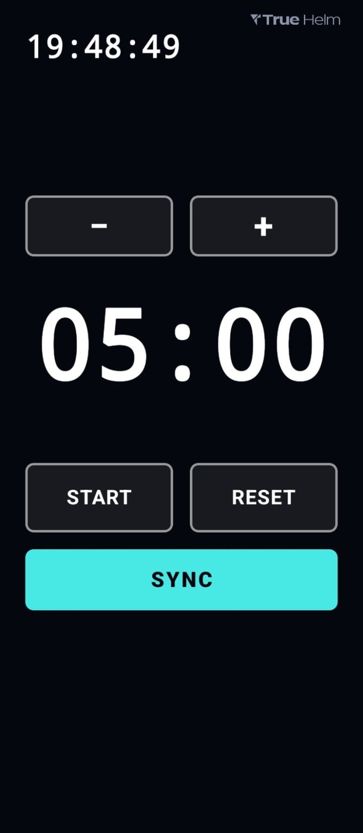 TIMER screen showing the GPS clock and a race countdown at 05:00, with minus and plus keys to set the length between 1 and 10 minutes, and start, reset and sync buttons.