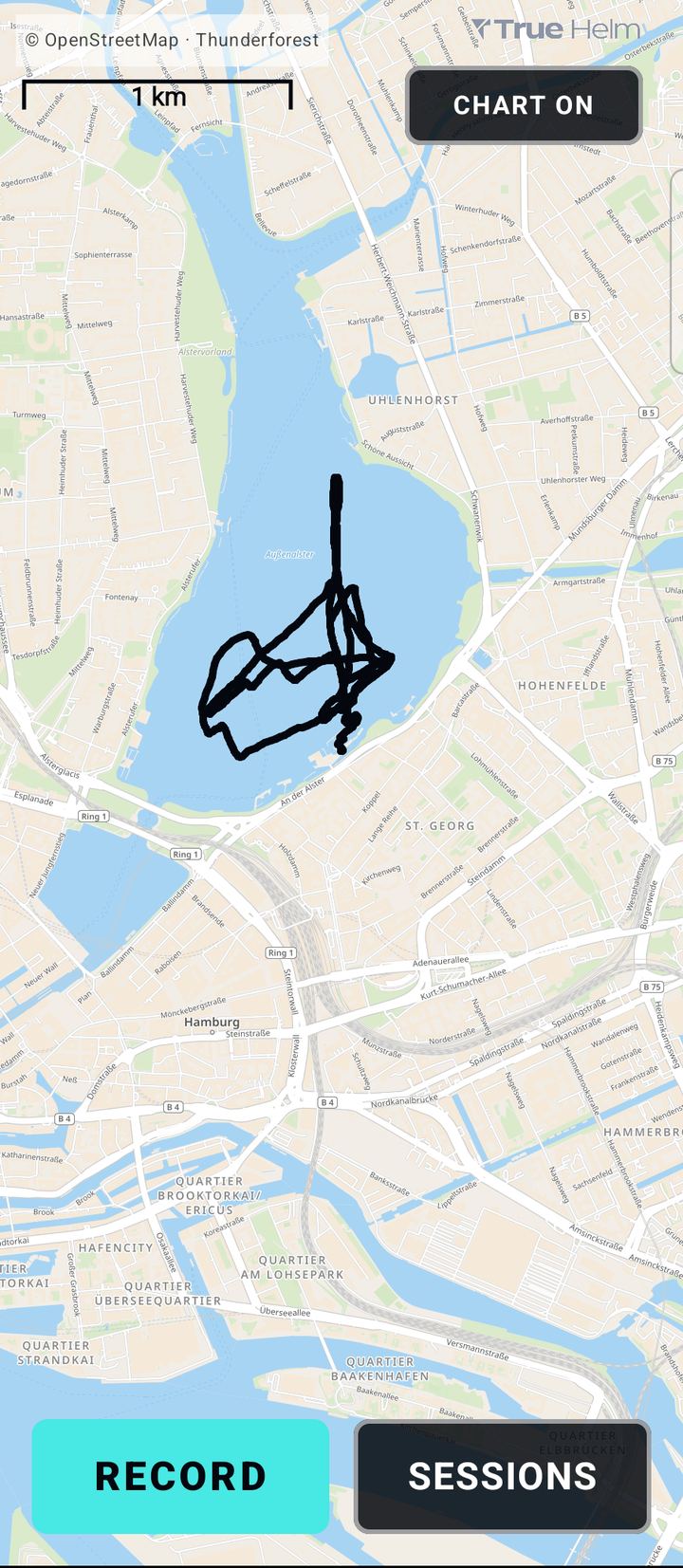 TRACK screen showing a recorded session on the Outer Alster in Hamburg, drawn over a street map with a one kilometre scale bar, and record and sessions buttons.